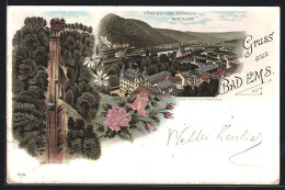 Lithographie Bad Ems, Malbergbahn, Neue Kirche, Hotel Z. D. Vier Thürmen  - Bad Ems