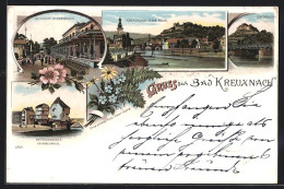 Lithographie Bad Kreuznach, Kurhaus, Brückenhäuser, Ebernburg  - Bad Kreuznach