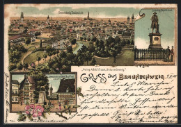 Lithographie Braunschweig, Lessing-Denkmal, Löwensäule Auf Dem Burg-Platz  - Braunschweig