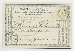 FRANCE CERES 15C CARTE PRECURSEUR GC 1945 CONVOYEUR STATION NIZAN BAZ.LAN 1874 GIRONDE - Railway Post