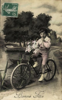 CPA Glückwunsch, Junge Fährt Rad, Fahrrad, Blumen - Other & Unclassified