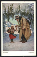 Künstler-AK Sign. F. Elssner: Rübezahl Mit Mädchen Im Winterwald  - Fairy Tales, Popular Stories & Legends