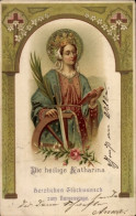 Passepartout Lithographie Glückwunsch Namenstag, Heilige Katharina - Autres & Non Classés