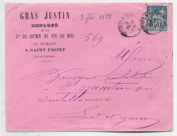 FRANCE SAGE 15C LETTRE ENTETE GRAS JUSTIN EMPLOYE CHEMIN DE FER SAINT FRONT LOT ET GARONNE + AMBULANT LIMOGES AGEN 1888 - Railway Post