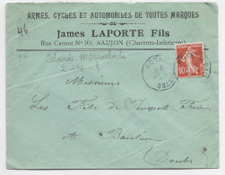 FRANCE SEMEUSE 10C LETTRE ENTETE ARMES CYCLE AUTO SAUJON CHARENTE INFERIEURE 1908 - 1877-1920: Periodo Semi Moderno