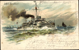Gaufré Artiste Lithographie Siehl, Deutsches Kriegsschiff, SMS Siegfried, Küstenpanzerschiff - Other & Unclassified