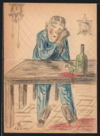 Künstler-AK Handgemalt: Weinseliger Nickt Am Tisch Ein  - 1900-1949