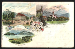 Lithographie Bichl, Gasthof Zum Bayerischen Löwen, Kirche U. Benediktenwand, Kochelsee U. Herzogstand, Gemse  - Autres & Non Classés