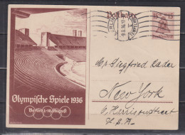 Dt.Reich Olympia-Auslandskarte MiNo. P 260 Bedarf Von Berlin-Tempelhof 9.8.36 (Handroll-o) In Die USA - Briefkaarten