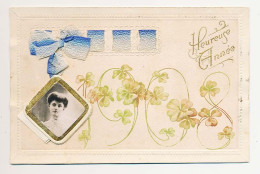 CPA Avec Petit Calendrier 1908 (5) Entourage Et Trèfle à Quatre Feuilles Gaufrés Ruban Heureuse Année Photo Tête Femme - New Year