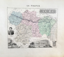 Gravure 19 ème.  Atlas Migeon  1878  CARTE DU DÉPARTEMENT  "Aude 11---( Prix Très Bas, Cause Retraite ) - Geographical Maps