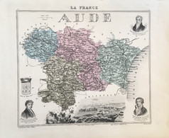 Gravure 19 ème.  Atlas Migeon  1874  CARTE DU DÉPARTEMENT  "Aude 11---( Prix Très Bas, Cause Retraite ) - Cartes Géographiques