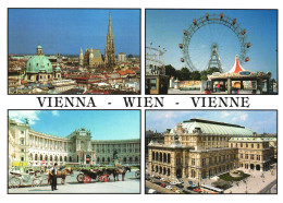 VIENNA, MULTIPLE VIEWS, ARCHITECTURE, CHURCH, GIANT WHEEL, CARRIAGE, HORSES, CARS, AUSTRIA, POSTCARD - Wien Mitte