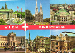 VIENNA, MULTIPLE VIEWS, RINGSTRASSE, ARCHITECTURE, CHURCH, FLAGS, CARRIAGE, HORSES, CARS, PARK, TOWER, AUSTRIA, POSTCARD - Ringstrasse