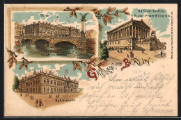 Lithographie Berlin, Ruhmeshalle, National-Gallerie Und Denkm. Friedr. Wilhelm IV  - Mitte