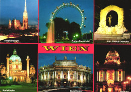 VIENNA, MULTIPLE VIEWS, ARCHITECTURE, CHURCH, GIANT WHEEL, STATUE, THEATRE, NIGHT, AUSTRIA, POSTCARD - Vienna Center