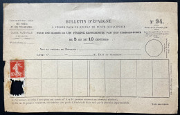 1X 10c SEMEUSE NEUF SUR BULLETIN D'EPARGNE POSTES ET TELEGRAPHES N°94 - Documentos Del Correo