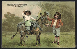 AK Kinderpaar Mit Blumenkörben Und Einem Maultier  - Esel