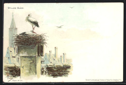 Künstler-AK Sign. T. Haas: Stilles Glück, Storchennest Auf Dem Dach  - Birds
