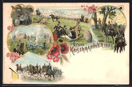 Lithographie Soldaten Im Manöver, Zuschauer Beim Picknick Auf Der Wiese, Gruss Vom Manöver  - War 1914-18