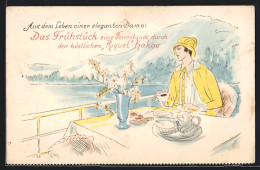 AK Elegante Dame Trinkt Zum Frühstück Riquet-Kakao, Reklame  - Cultivation
