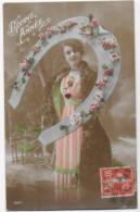 Carte Fantaisie Bonne Année Portrait Femme Fleurs Et Fer à Cheval Ets Magenta Rueil CPA Circulée 1916 - Frauen