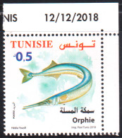 2018-Tunisie- Faune  Terrestre Et Maritime De La Tunisie ---  Orphie -- 1V Coin Daté  -MNH***** - Poissons