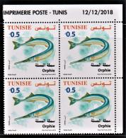 2018-Tunisie- Faune  Terrestre Et Maritime De La Tunisie ---  Orphie -- Bloc De 4V Coin Daté  -MNH***** - Fische