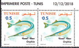 2018-Tunisie- Faune  Terrestre Et Maritime De La Tunisie ---  Orphie -- En Paire 2V Coin Daté  -MNH***** - Peces