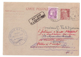 COLMAR RP Haut Rhin Carte Postale Entier 3,50 F Gandon Compl 1,50F Mazelin Retour Envoyeur Ob 14 10 1947 Yv 716B-CP2 - Standaardpostkaarten En TSC (Voor 1995)