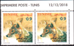2018-Tunisie- Faune  Terrestre Et Maritime De La Tunisie ---  Chacal Doré -- En Paire 2V  Coin Daté -MNH***** - Tunesien (1956-...)