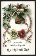 AK Glocke Am Kranz Mit Eichenlaub Und Wappen, Herliche Weihnachtsgrüsse  - War 1914-18
