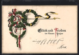 AK Neujahrsgruss, Kränze Mit Schleifen In Farben Des Zweibundes  - War 1914-18