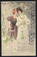 AK Zwei Junge Damen In Grünen Kleidern Unter Einem Blütenzweig  - Moda