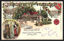 Lithographie Hamburg, Allgemeine-Gartenbau-Ausstellung 1897, Deutsches Weinhaus Zum Weinschmidt  - Exhibitions