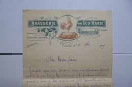 Lettre Brasserie COQ HARDI - Toulon Vers COUIZA  ( Aude )   - 1909 - Avec Enveloppe -  DUJARDIN BEAUMETZ - Alimentaire