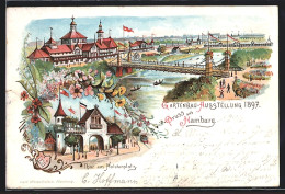 Lithographie Hamburg, Allgemeine Gartenbau-Ausstellung 1897, Ausstellungshalle Mit Brücke, Tor Am Holstenplatz  - Exhibitions
