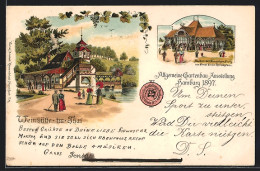 Lithographie Hamburg, Allgem. Gartenbau-Ausstellung 1897, Weinhütte Im Thal, Pavillon Der Samenhandlung  - Exhibitions