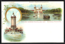 Lithographie Berlin, Gewerbe-Ausstellung 1896, Neuer See U. Haupt-Ausstellungsgebäude, Wasserthurm  - Exhibitions