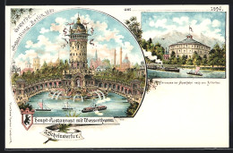 Lithographie Berlin, Gewerbe-Ausstellung 1896, Haupt-Restaurant Mit Wasserturm Und Scheinwerfer  - Exhibitions