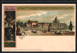 Lithographie München, II. Kraft-V. Arbeitsmaschinen-Ausstellung 1898, Ausstellungsgebäude, Pferdekutschen  - Exhibitions