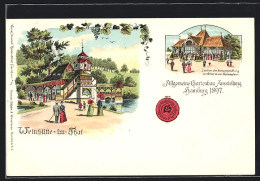 Lithographie Hamburg, Allgemeine Gartenbau-Ausstellung 1897 - Weinhütte Im Thal Und Pavillon  - Expositions