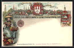 Lithographie Hamburg, Allgemeine Gartenbau-Ausstellung 1897, Hamburger Blumenmädchen In Tracht  - Expositions