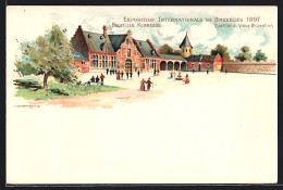 Lithographie Bruxelles, Exposition Internationale 1897, Quartier Du Vieux Bruxelles, Personnes Devant Halle  - Expositions