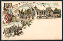 Lithographie Nürnberg, Bayerische Landesausstellung 1896, Armee-Museum, West-Colonnade Und Maschinenhalle  - Expositions