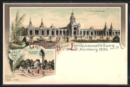 Lithographie Nürnberg, Bayer. Landesausstellung 1896, Nürnberger Bierhalle, Industriegebäude  - Expositions