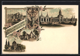 Lithographie Nürnberg, Bayerische Landesausstellung 1896, Maschinenhalle, Industriegebäude, Kunsthalle, Weinhaus  - Expositions