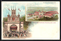 Lithographie Berlin-Treptow, Gewerbe-Ausstellung 1896, Haupt-Ausstellungsgebäude, Portal I & Verwaltungs-Gebäude  - Expositions