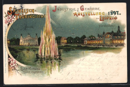 Lithographie Leipzig, Sächsisch-Thüringische Industrie- U. Gewerbeausstellung 1897, Lichtfontaine  - Expositions