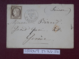 FRANCE LETTRE   RR  1875 ETOILE DE PARIS N°9  MONTAIGNE A GENEVE SUISSE   + CERES 30C + AFF. INTERESSANT+DP7 - 1849-1876: Periodo Clásico